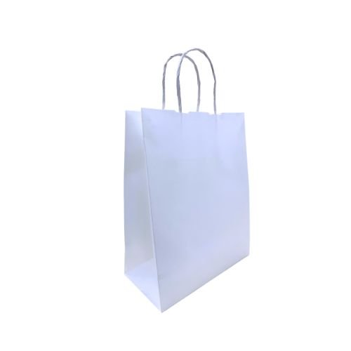 A single white paper shopping bag with twisted paper handles, shown at an angle against a plain white background.