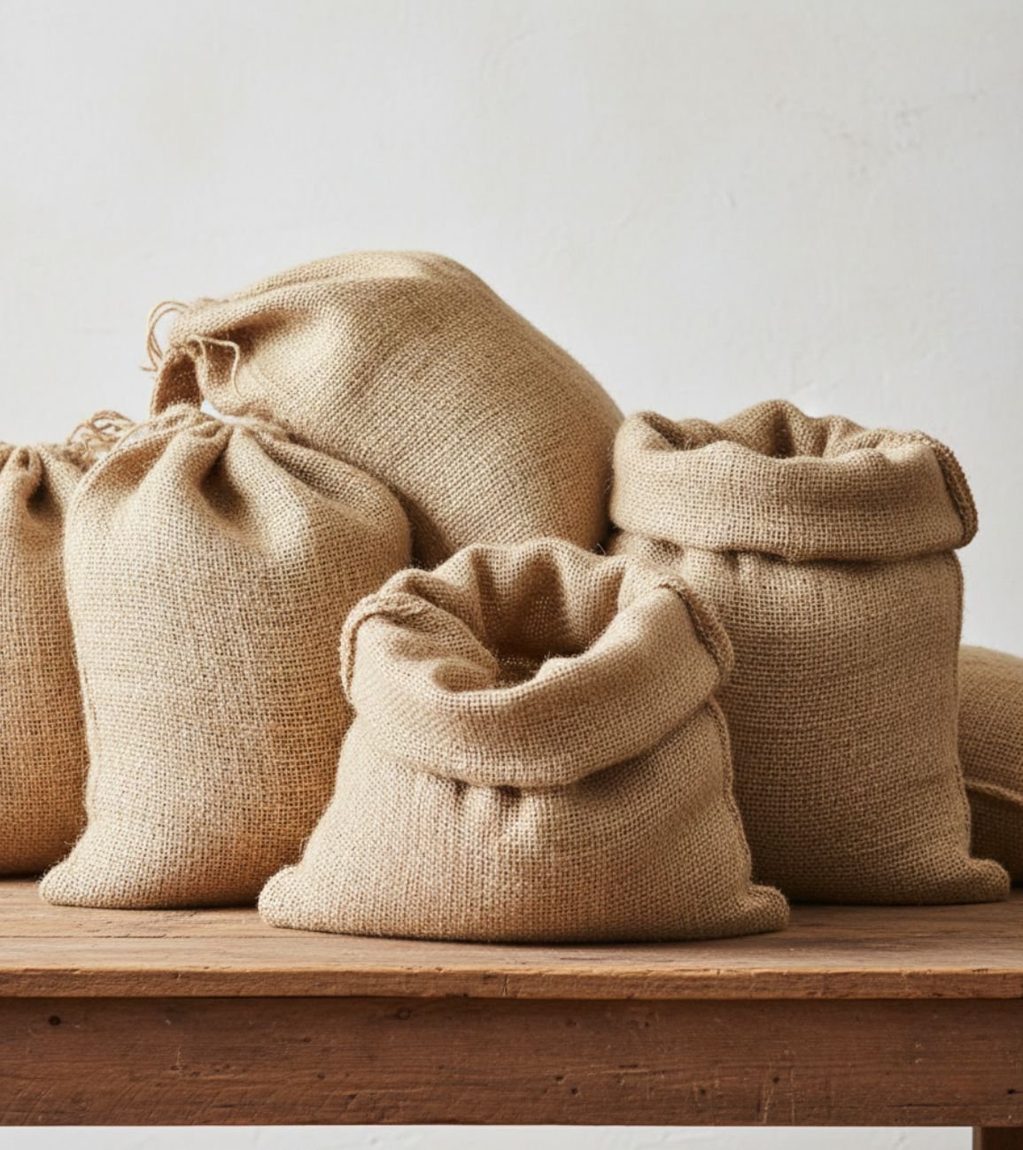 A group of open, empty burlap sacks are arranged on a wooden surface against a plain white background.
