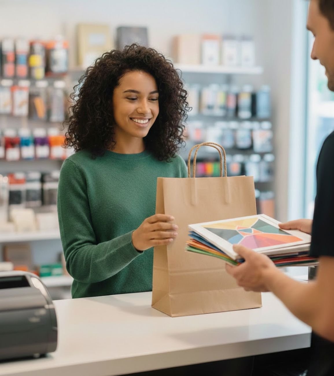 A smiling customer wearing a green sweater
receives a brown kraft paper bag from a retail
associate at a checkout counter. The
associate is holding a stack of colorful cards,
and the background shows shelves stocked
with various stationary products