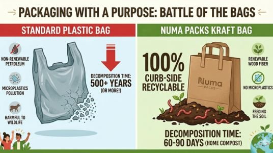 A side-by-side infographic titled "Packaging with a Purpose: Battle of the Bags" comparing a standard plastic bag to a Numa Packs Kraft paper bag. The plastic side shows a 500+ year decomposition time and harmful environmental impacts, while the Numa Packs side highlights 100% curb-side recyclability, 60-90 day home compost decomposition, and renewable wood fibers.