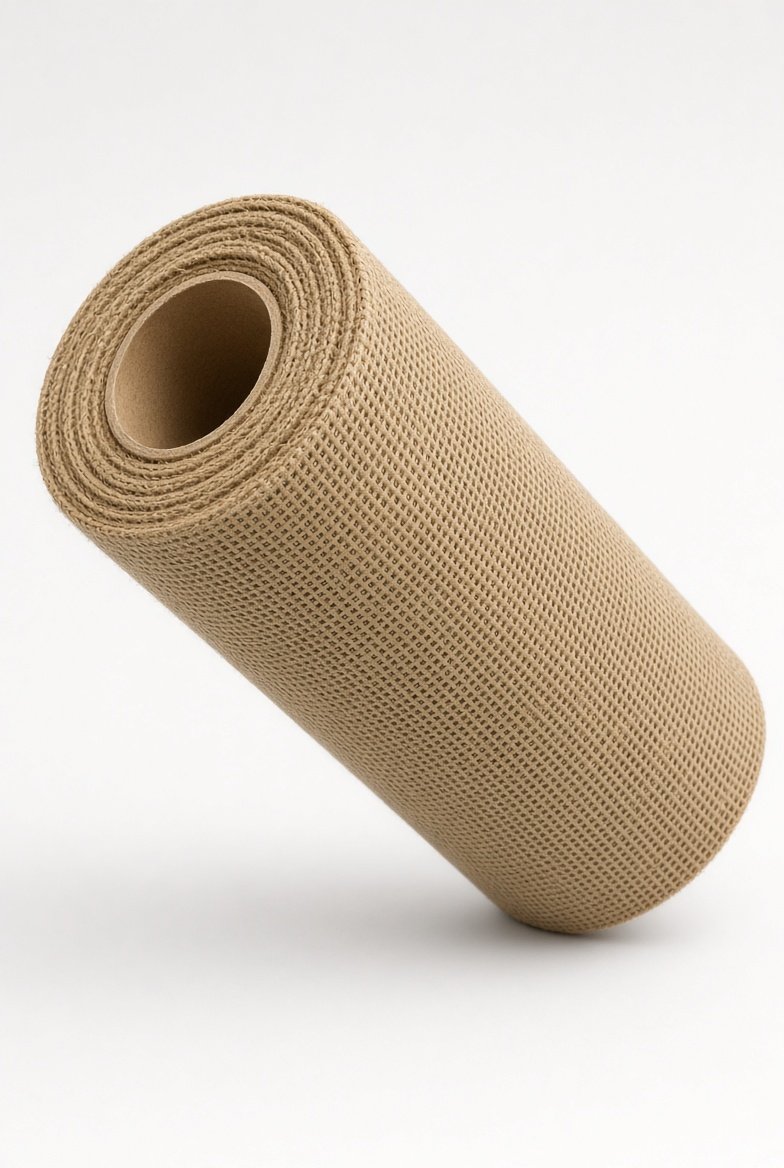 Natural heavy burlap / jute fabric roll, clean studio shot, beige-brown color, rolled on core, showing texture.
